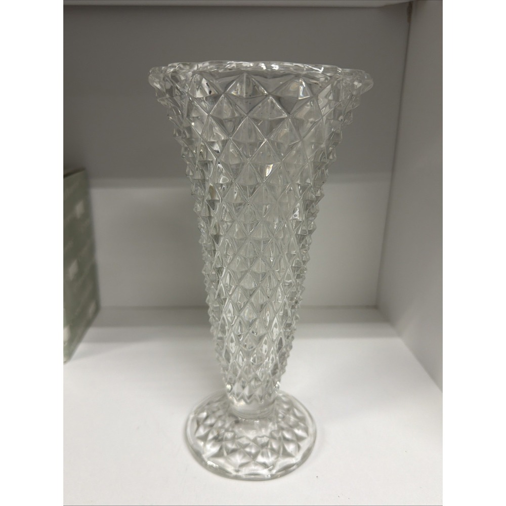 Vintage Cut Crystal Glass Vase Diamond Pattern Heavy Decorative 8.5"